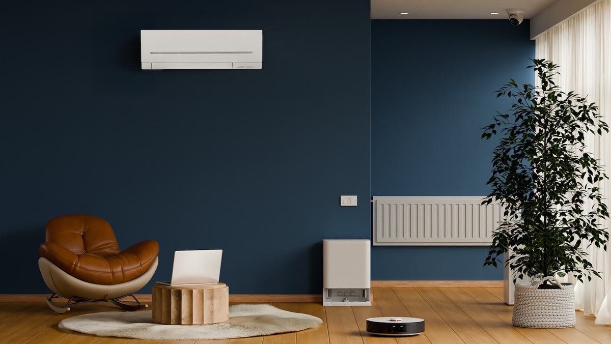 Mitsubishi Electric MSZ-AP Series wall-mounted split system installed in a modern living room