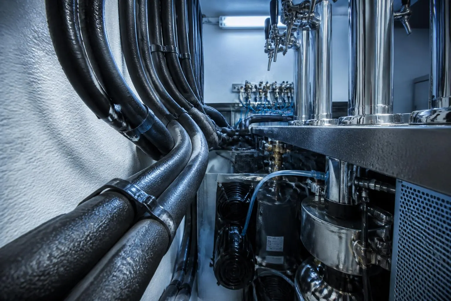 beer line cleaning brisbane — insulated python trunk cables running to chrome tap fonts on a polished bar with glycol chiller unit