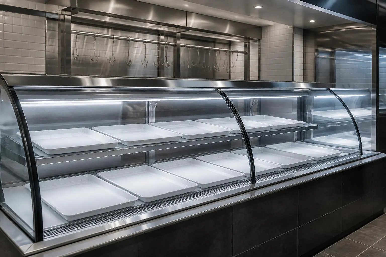 butcher refrigeration brisbane — curved glass serve-over meat display case with stainless steel hanging rails visible in the background