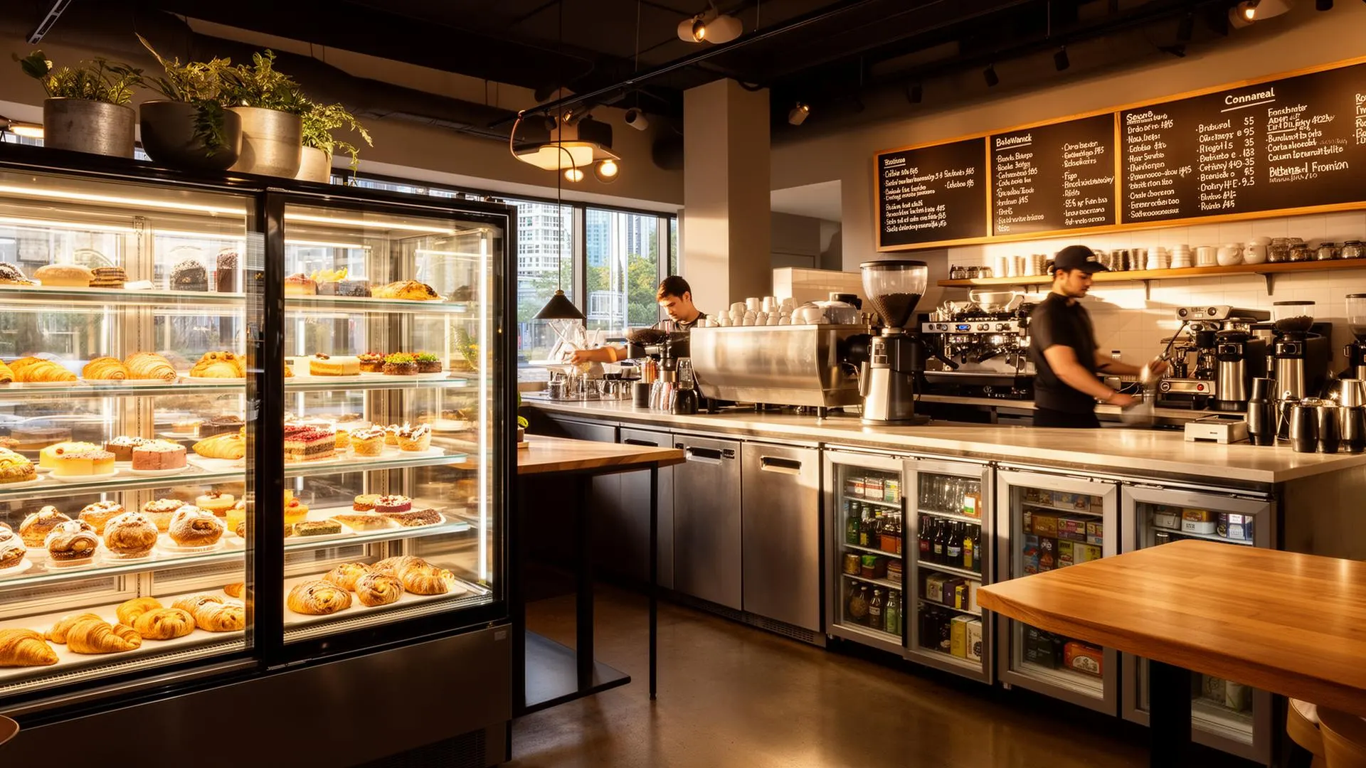cafe refrigeration brisbane — glass cake display fridge full of pastries beside an espresso bar in a Brisbane café