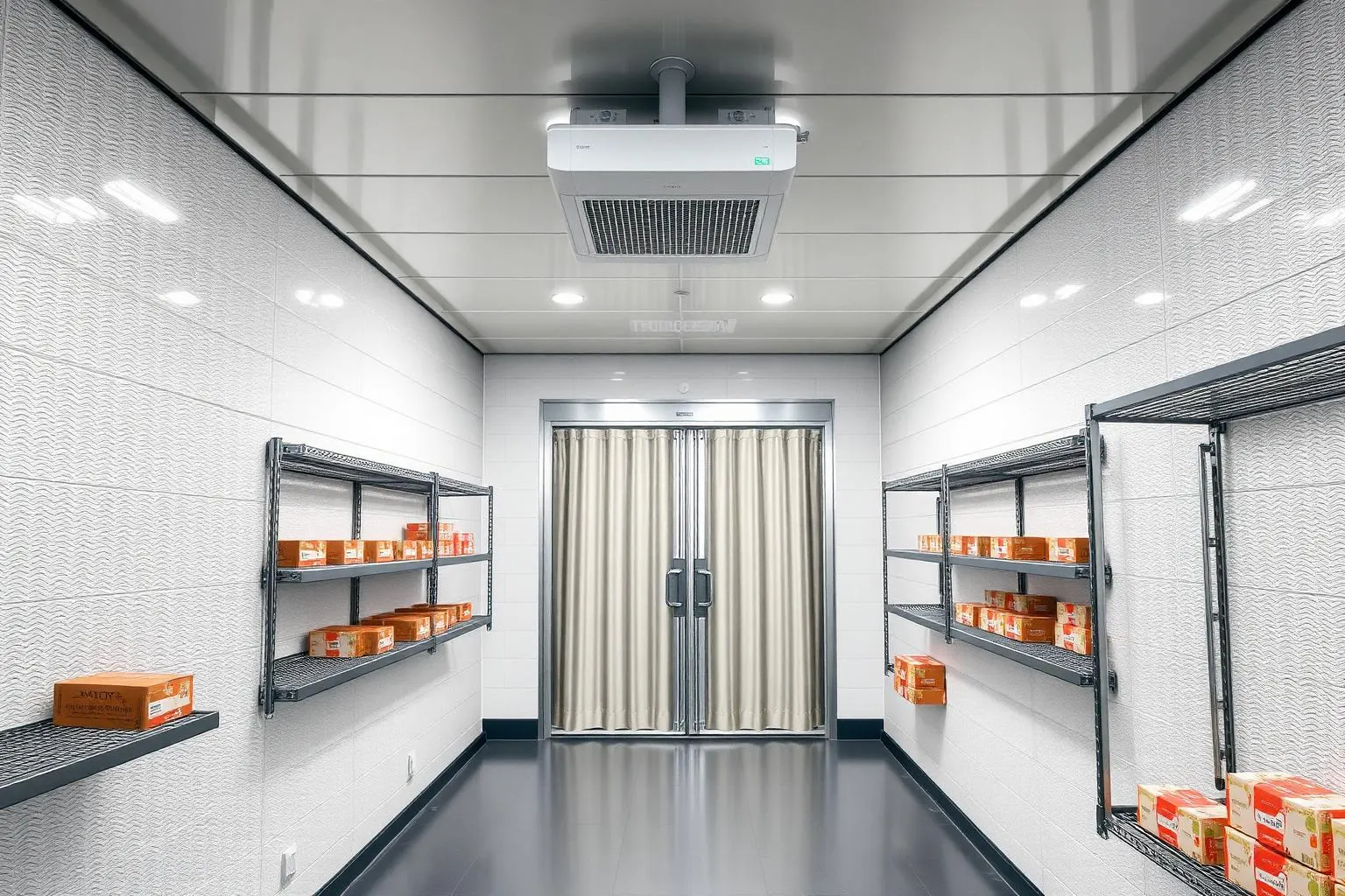 Cold room brisbane — interior of a modern walk-in commercial cold room with insulated panels, stainless shelving and ceiling-mounted evaporator