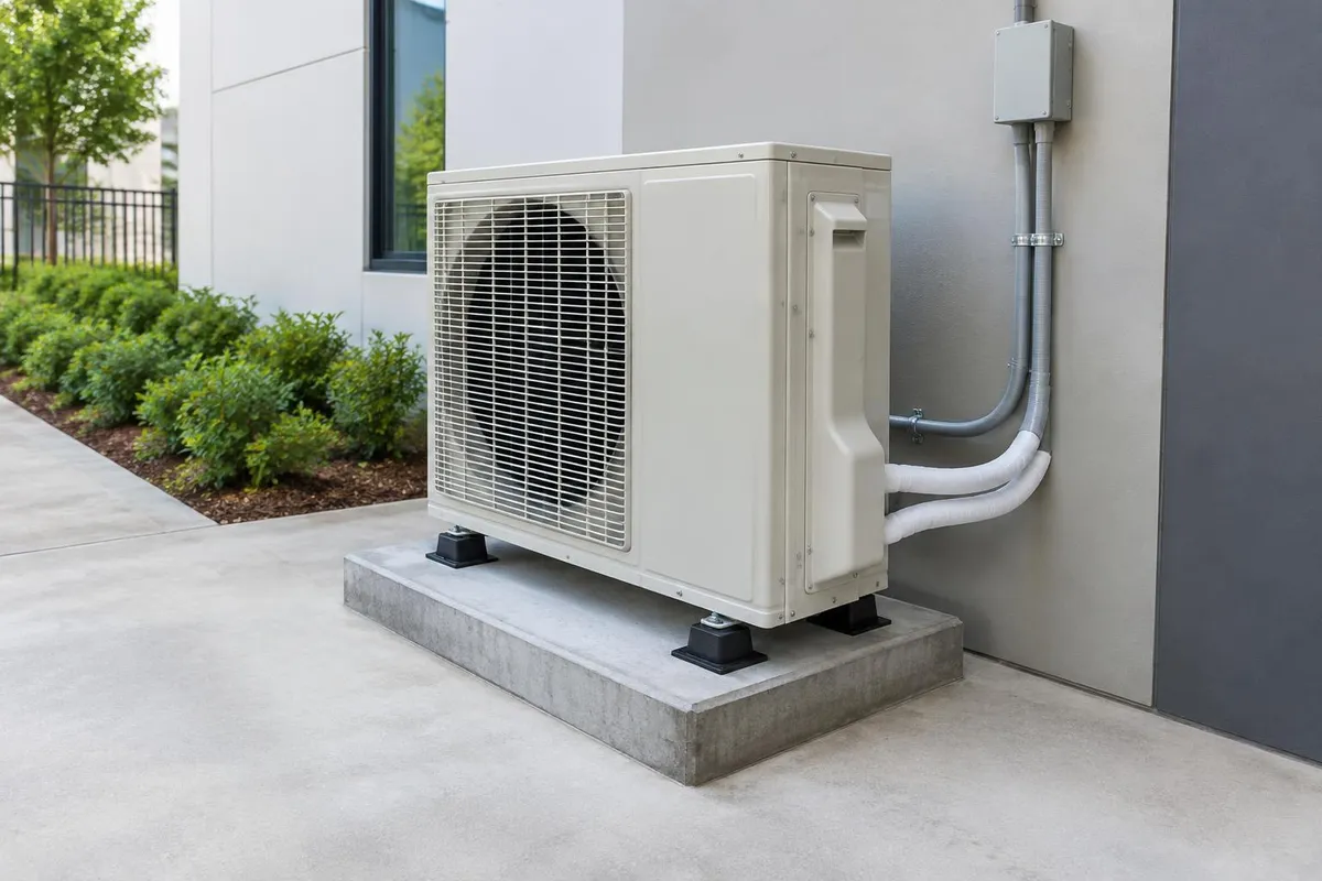 Choosing a Commercial Air Conditioning Contractor in Queensland Illustrative outdoor condenser installation with mounting supports, protected pipework and accessible electrical enclosure