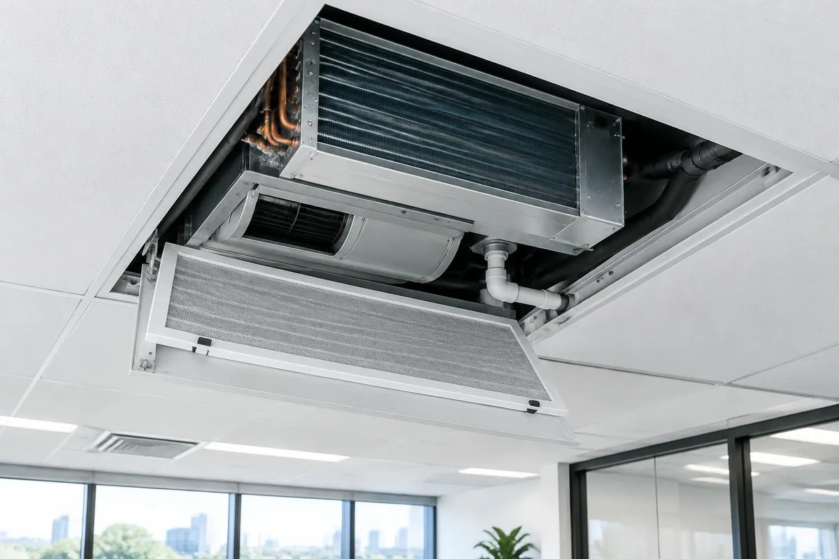 Commercial Air Conditioning Service & Maintenance Schedule Illustrative accessible commercial fan coil with filter and condensate drain visible through a ceiling hatch
