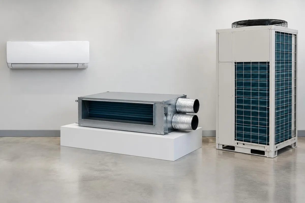 Commercial Air Conditioning: VRF vs Ducted vs Split Illustrative wall split head, ducted indoor unit and commercial multi-zone outdoor condenser
