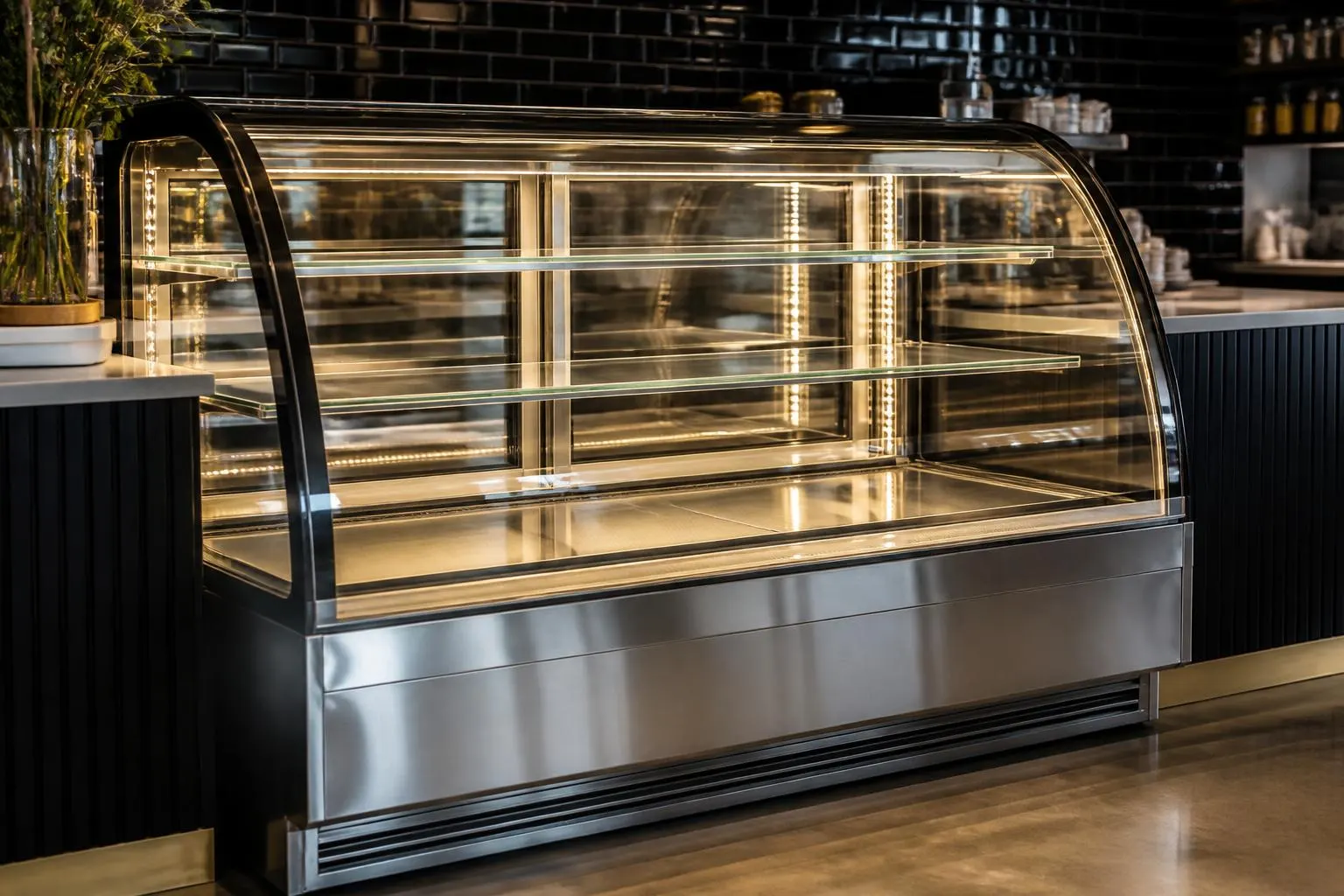 display fridges brisbane — curved glass patisserie display cabinet with brushed stainless trim and LED interior lighting on a modern retail counter