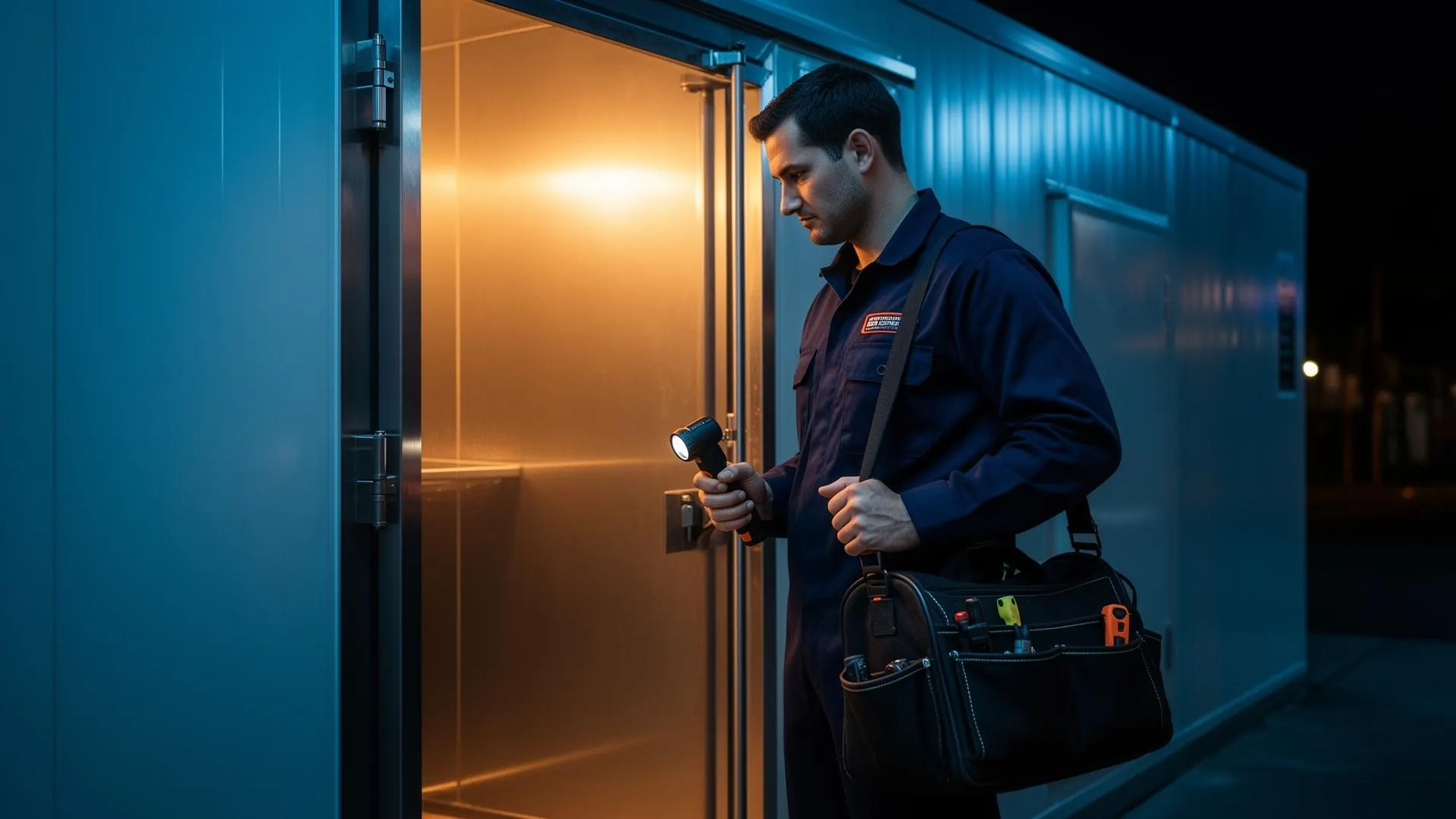 Emergency refrigeration repairs brisbane — Hart Air technician arriving at a Brisbane commercial coolroom at night with torch and toolbag