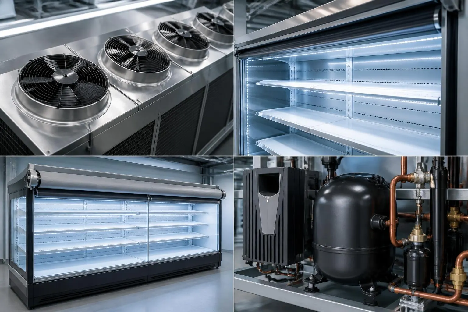 energy efficient refrigeration upgrades brisbane — EC fan motors on condensing unit, LED interior lighting in display case, night blind and variable-speed compressor