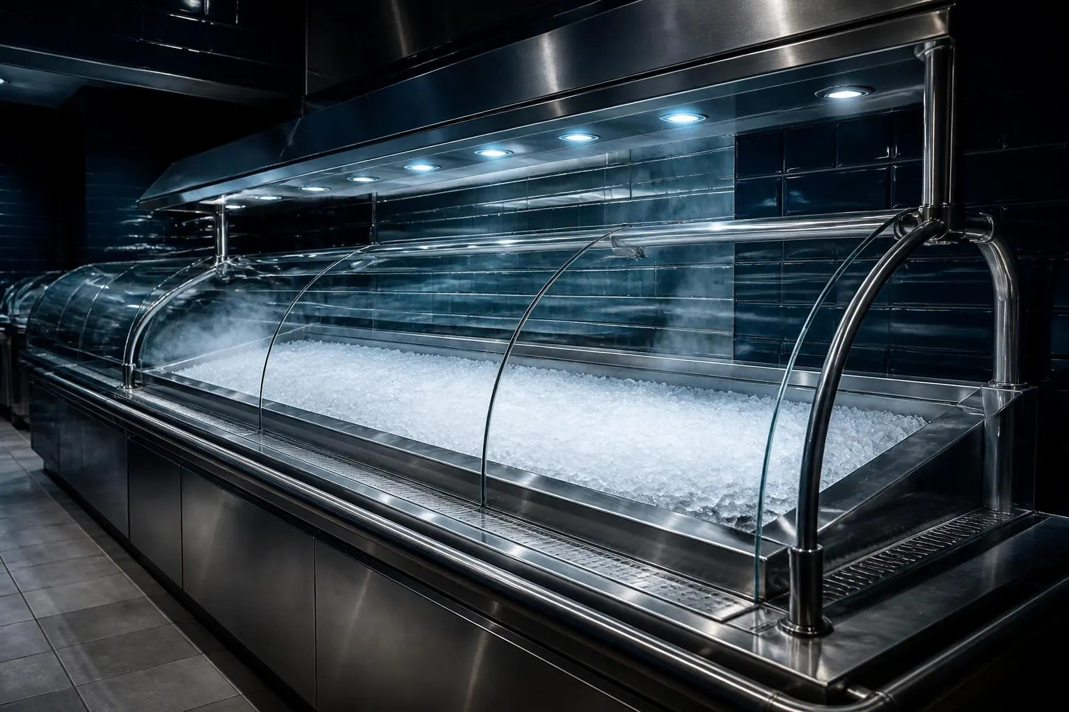 fishmonger refrigeration brisbane — stainless steel ice-bed seafood display case with crushed ice, curved glass sneeze guard and drainage