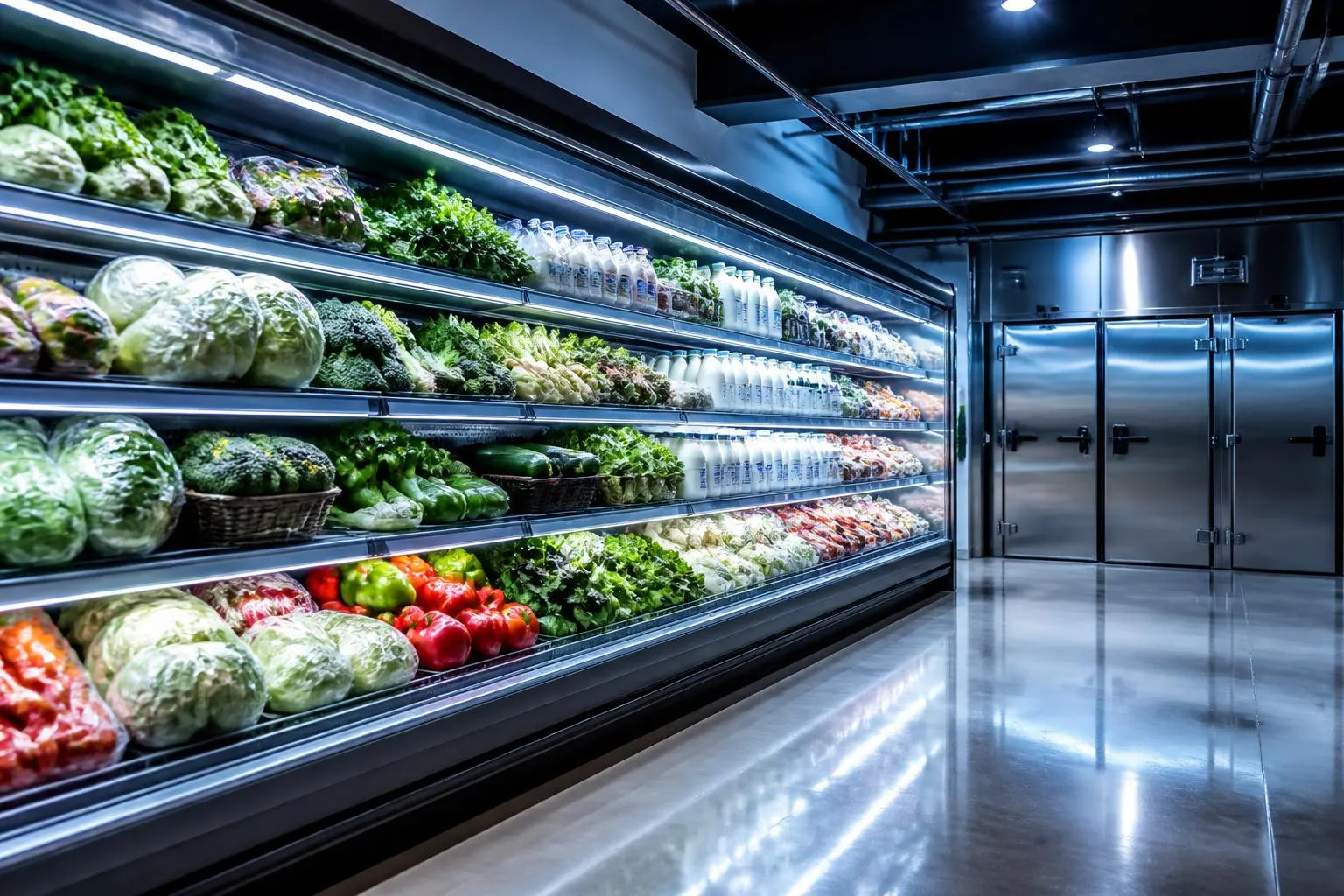 food retail refrigeration brisbane — illuminated supermarket multi-deck display cabinets with stainless steel cool room doors