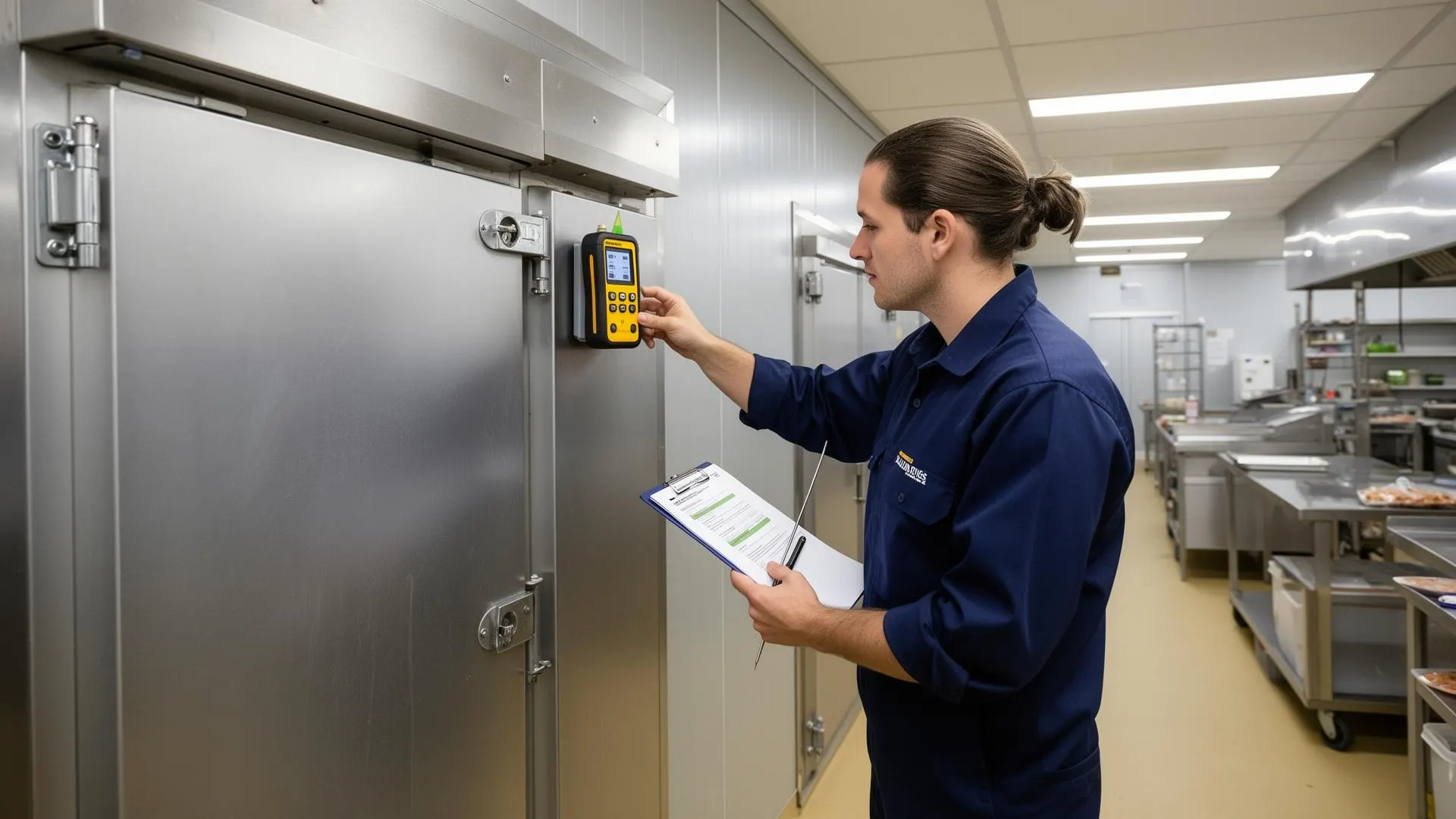 haccp refrigeration brisbane — food-safety auditor checking a digital data logger on a commercial walk-in coolroom in a Brisbane kitchen