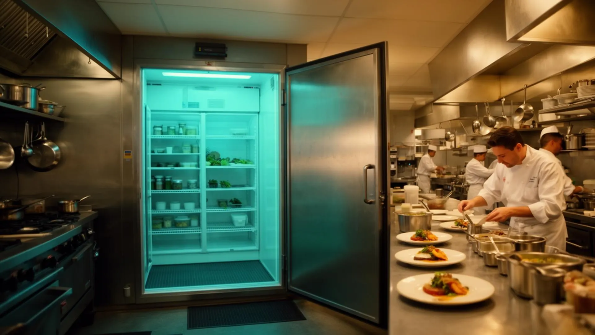 hospitality refrigeration brisbane — chef plating dishes beside a stainless steel walk-in coolroom in a Brisbane commercial kitchen