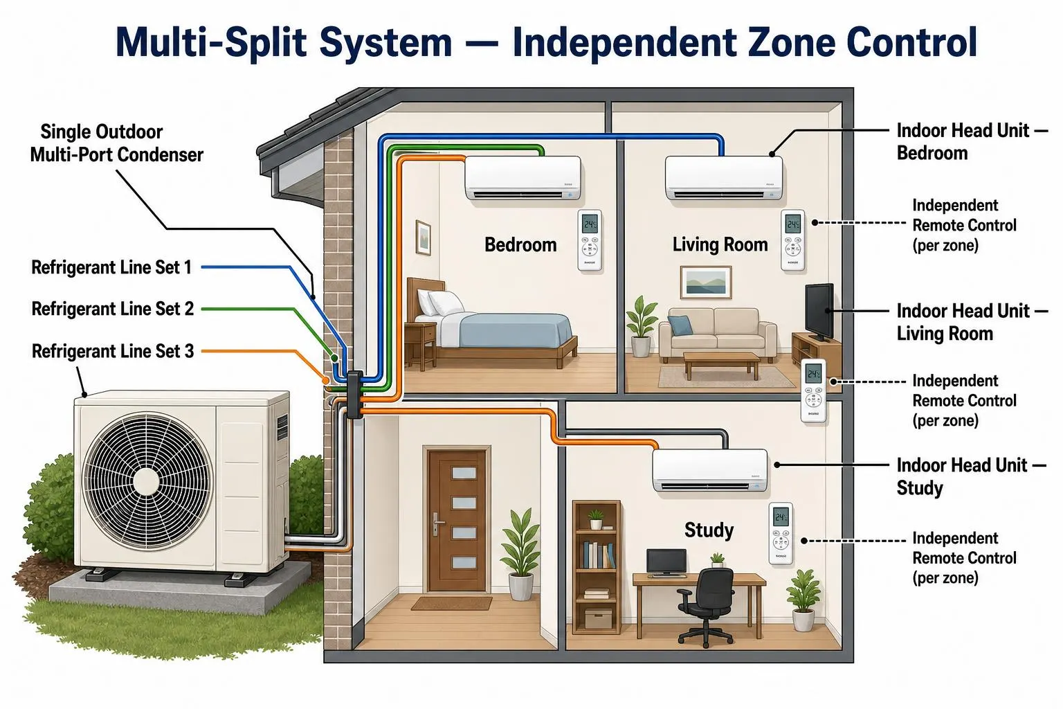 Multi-Split Air Conditioning System Diagram — Independent Zone Control Labelled diagram of a multi-split air conditioning system in an Australian home, showing a single outdoor multi-port condenser unit connected by three separate insulated refrigerant line sets to three indoor wall-mounted head units in the bedroom, living room and study, each with its own independent remote control for individual zone temperature control.