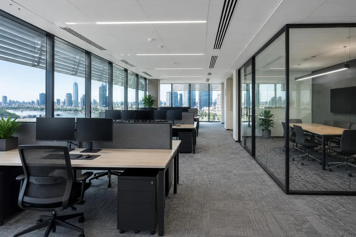 Office Air Conditioning Sizing Brisbane Illustrative open office and separate glazed meeting room with ceiling air distribution and shaded windows