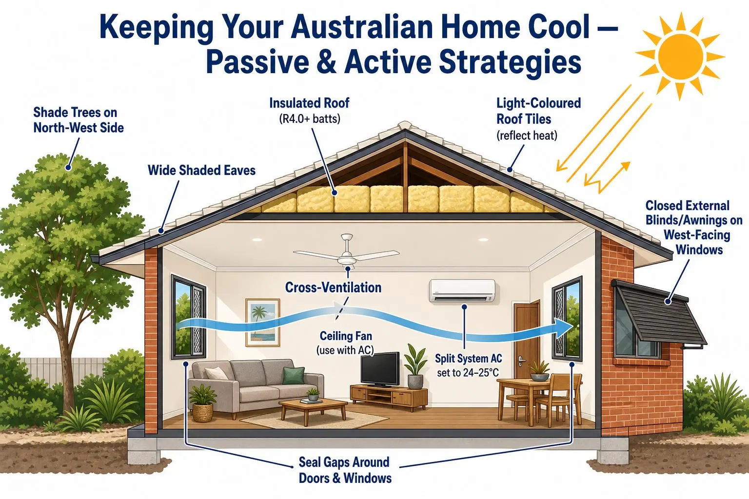 Cross-section diagram of a single-storey Australian brick home in summer showing passive and active cooling strategies: an R4.0+ insulated roof, light-coloured roof tiles to reflect heat, wide shaded eaves, closed external blinds and awnings on west-facing windows, cross-ventilation arrows through opposite windows, a ceiling fan used with the air conditioner, shade trees on the north-west side, a wall-mounted split system air conditioner set to 24–25°C, and sealed gaps around doors and windows.
