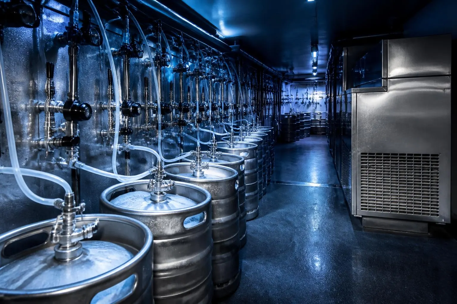 pub bar refrigeration brisbane — stainless steel kegs connected to beer lines in an illuminated cellar with glycol chiller unit