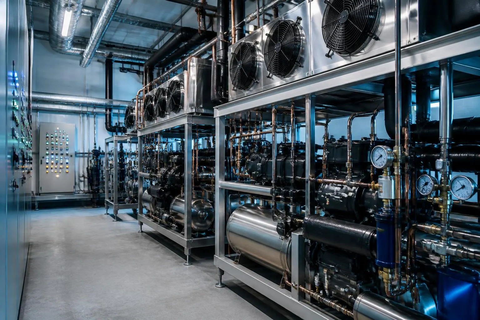refrigeration equipment brisbane — commercial plant room with stainless steel condensing units, copper piping and control panels