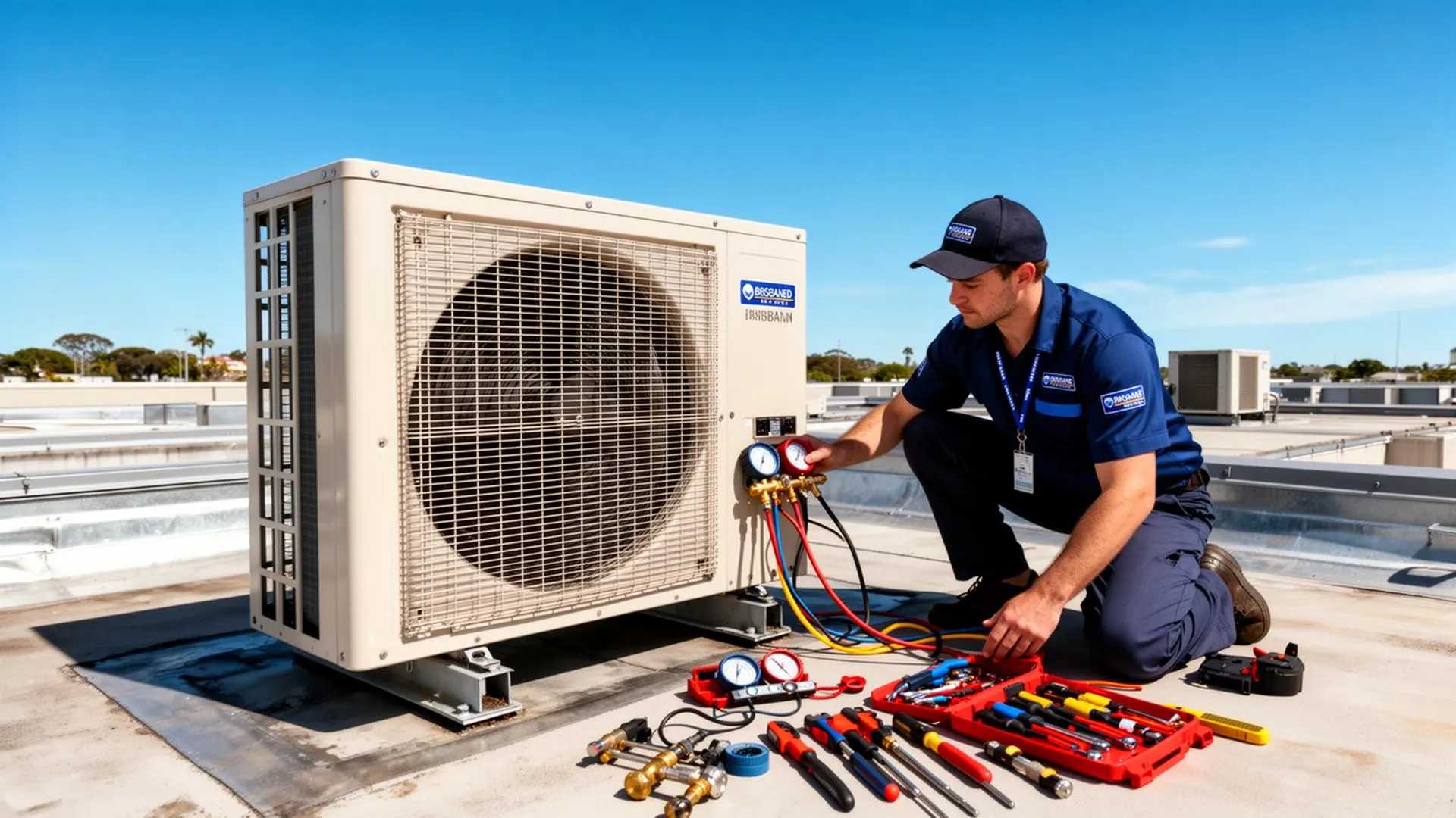 commercial refrigeration maintenance brisbane — ARCtick technician servicing a rooftop condenser unit on a Brisbane commercial building