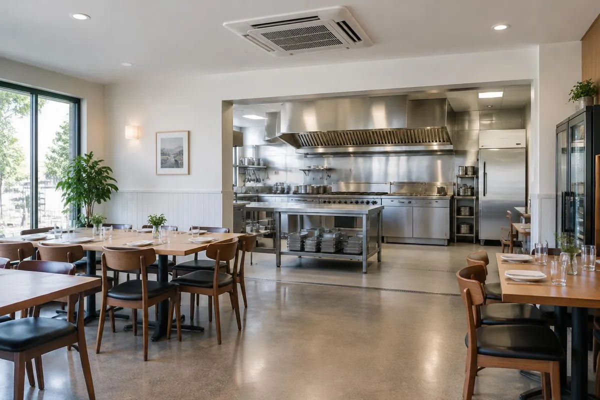 Restaurant & Kitchen Air Conditioning Brisbane Illustrative restaurant dining room with ceiling cooling and a separate stainless kitchen extraction canopy
