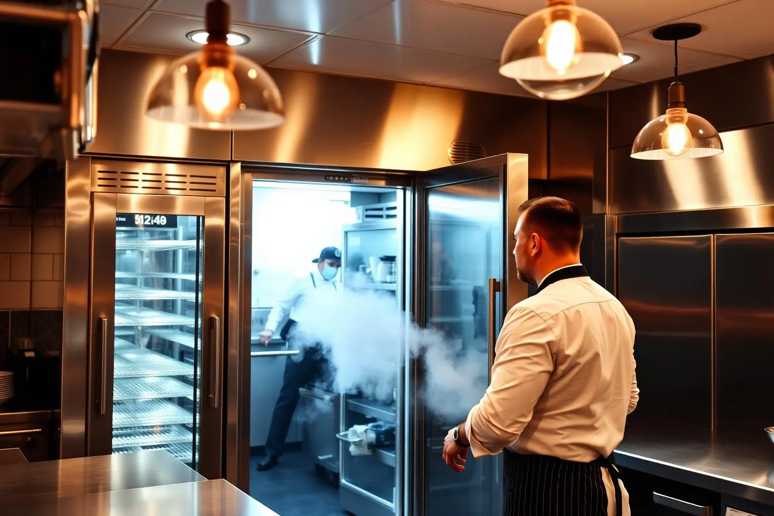 Restaurant refrigeration brisbane — chef working at stainless steel walk-in coolroom in a Brisbane commercial kitchen
