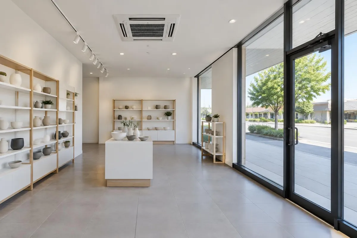 Illustrative retail showroom with glass shopfront, closed entry and a ceiling cassette air conditioner