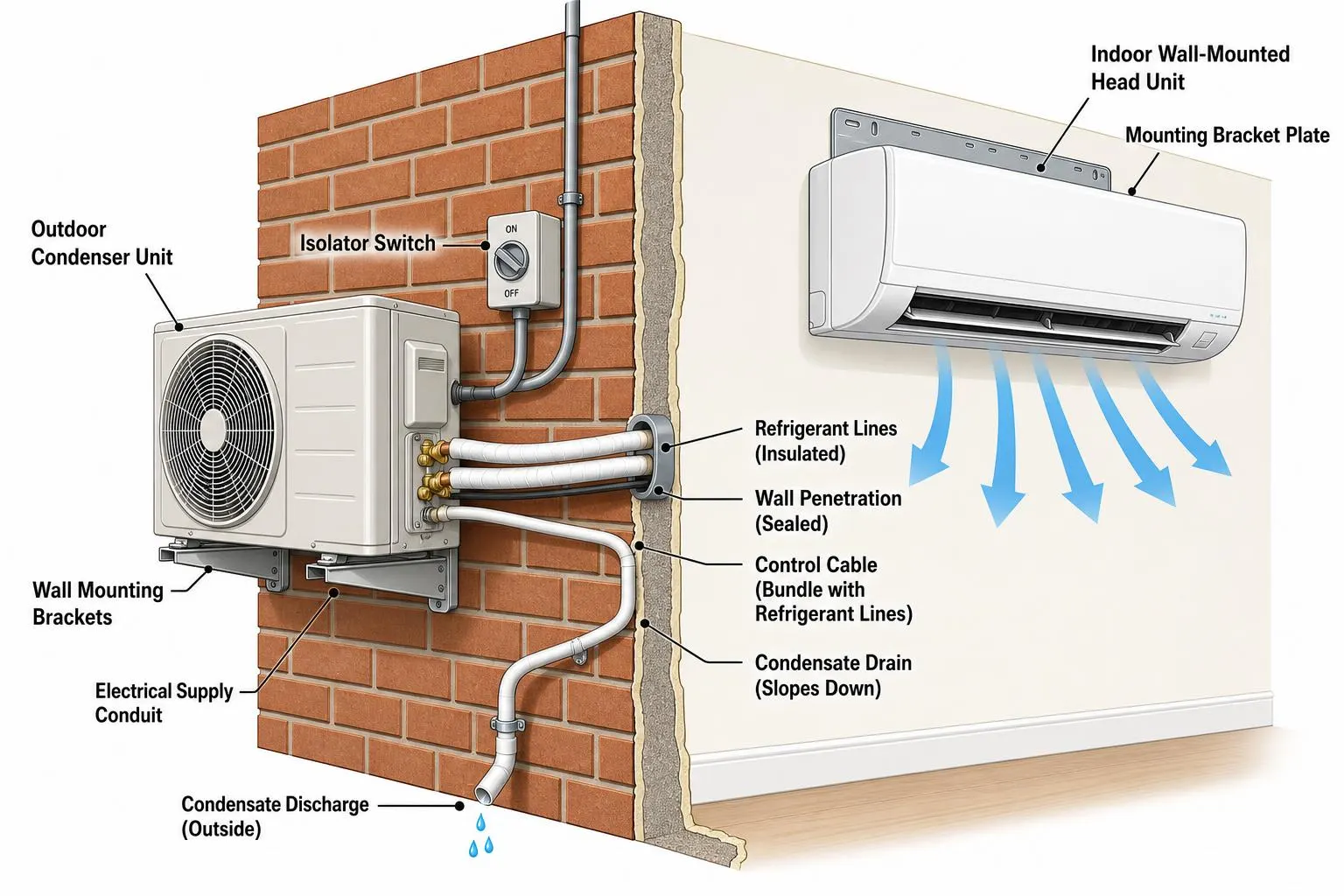 Split System Air Conditioner Installation Diagram — Australian Brick Home Labelled cutaway diagram of a split system air conditioner installed on the brick exterior wall of an Australian home, showing the outdoor condenser unit on wall mounting brackets, isolator switch, insulated refrigerant lines bundled with the control cable running through a sealed wall penetration, condensate drain sloping down to discharge outside, electrical supply conduit, indoor wall-mounted head unit on its mounting bracket plate, and blue arrows showing cool supply air blowing into the room.