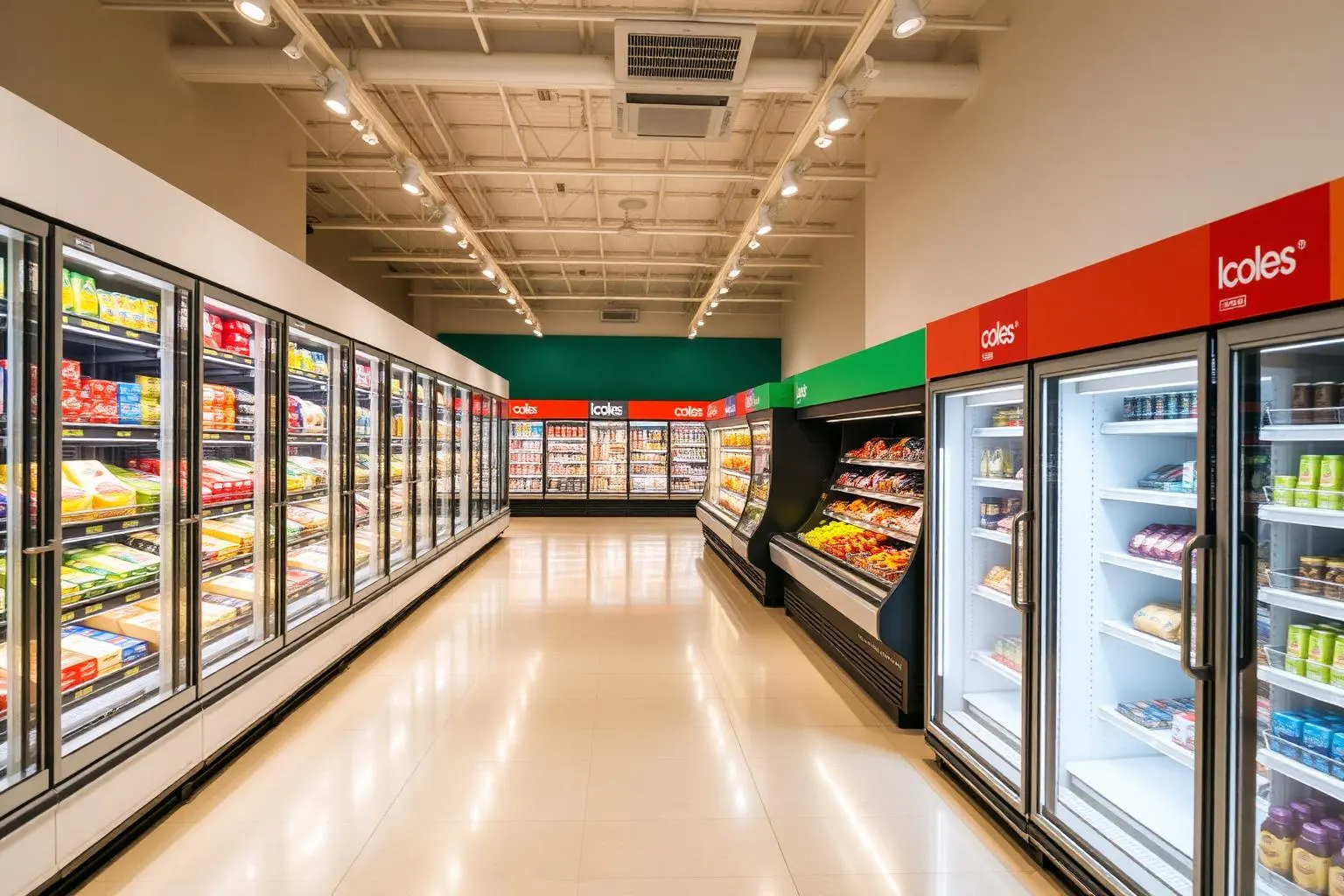 Supermarket refrigeration brisbane — aisle of glass-door upright freezers and multi-deck refrigerated cases in a modern Brisbane supermarket