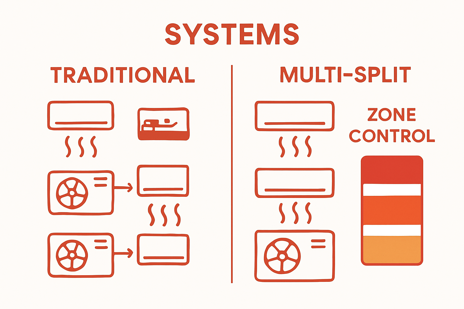 Infographic comparison of traditional vs. multi-split air conditioning