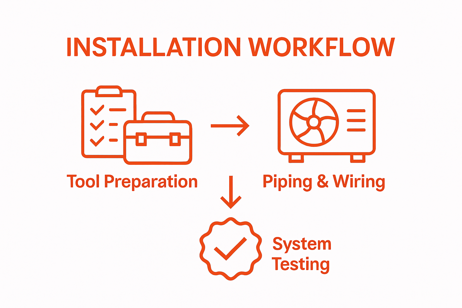 Three-step Mitsubishi AC installation workflow: tools, connections, testing