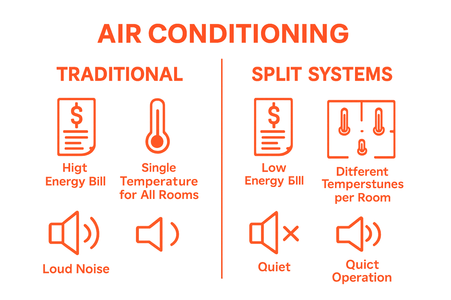 Infographic comparing split systems and traditional air conditioners: energy, noise, zone control.